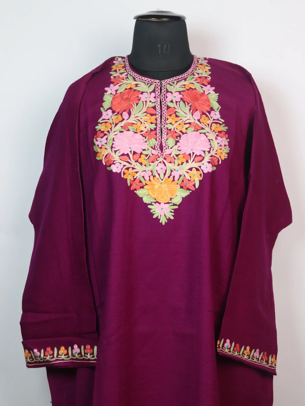 Asma Kashmiri Pheran In Raffal Wool With Aari Embroidery | Purple - Image 2