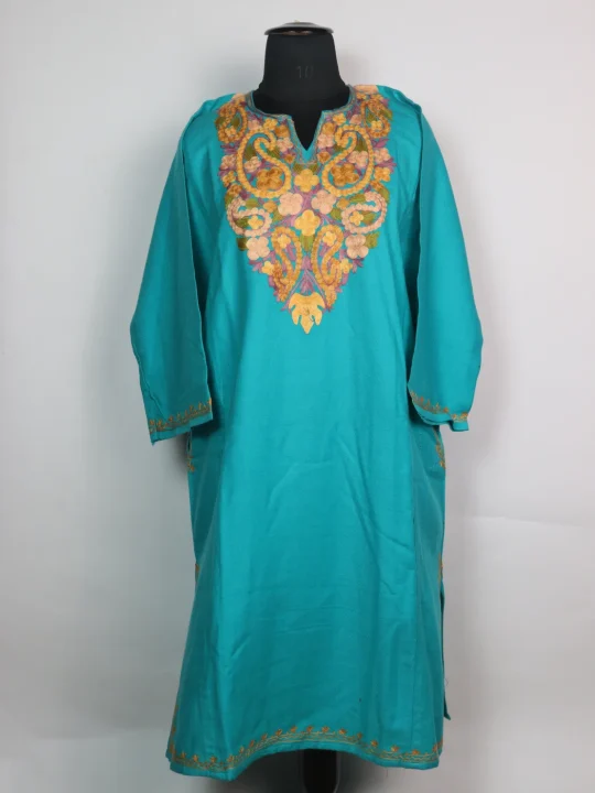 Rabia Kashmiri Pheran In Cashmilon wool With Aari Embroidery | Turquoise