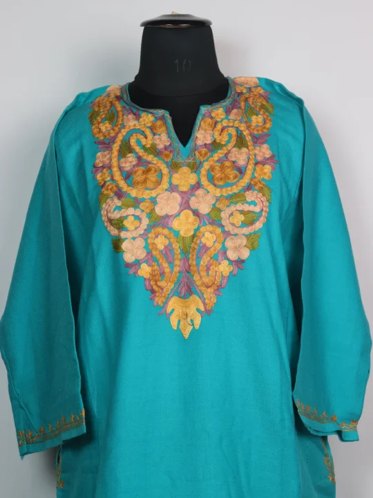 Rabia Kashmiri Pheran In Cashmilon wool With Aari Embroidery | Turquoise - Image 2