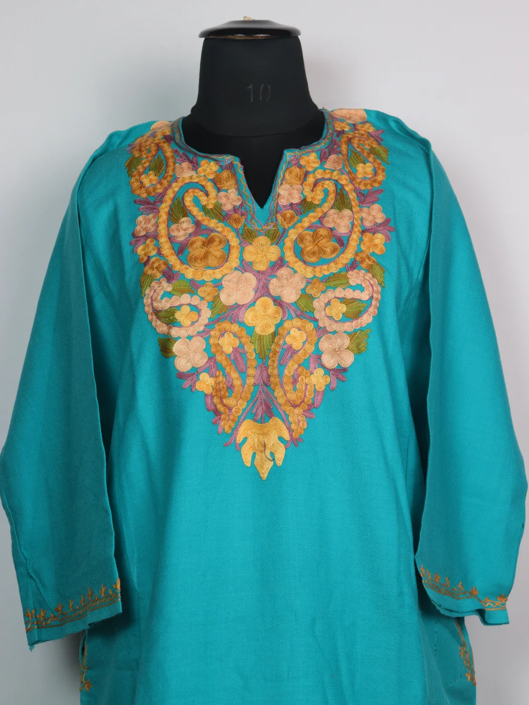 Rabia Kashmiri Pheran In Cashmilon wool With Aari Embroidery | Turquoise - Image 2