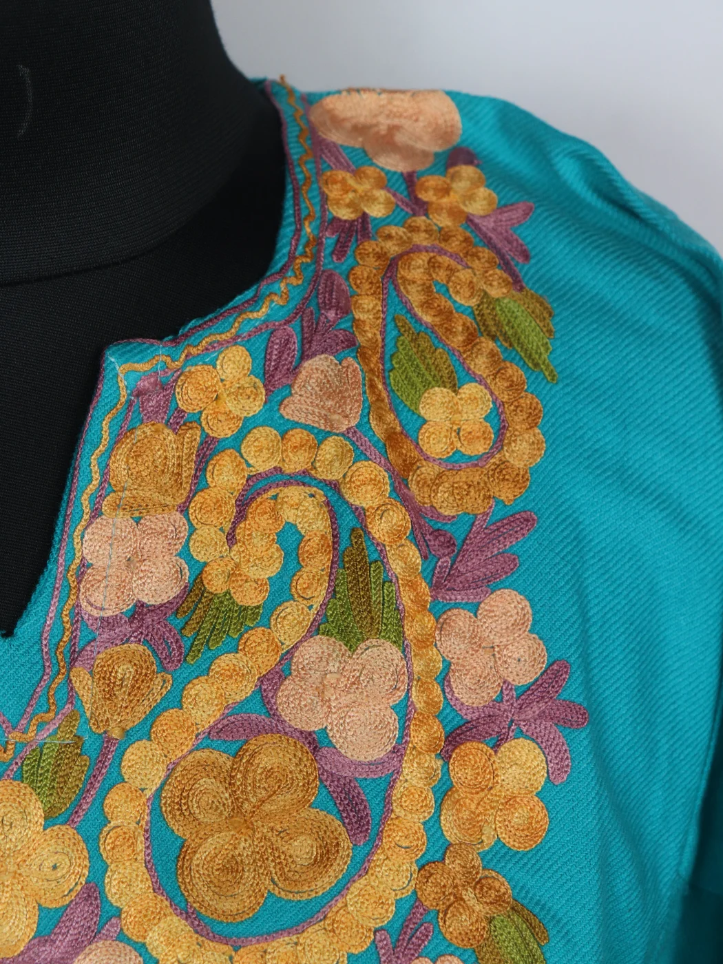 Rabia Kashmiri Pheran In Cashmilon wool With Aari Embroidery | Turquoise - Image 3