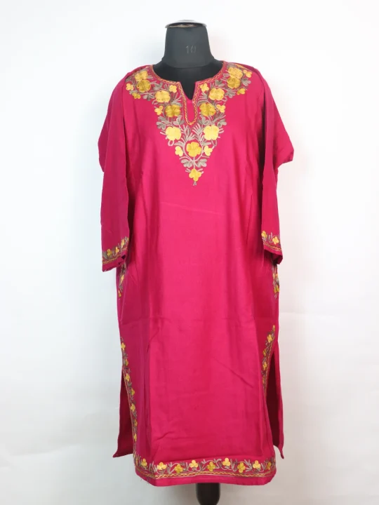 Rani Kashmiri Pheran In Cashmilon wool With Aari Embroidery | Pink | Insha