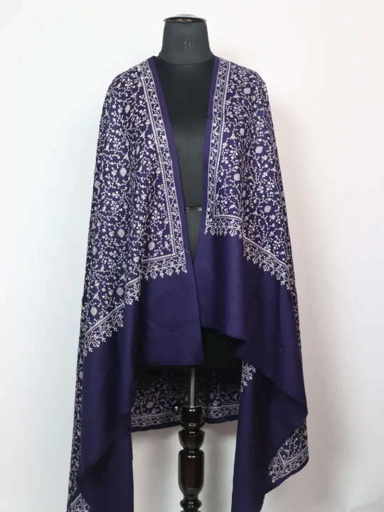 Ridwa Kashmiri Shawl With Sozni Work For Women in Toosha Wool | Navy Blue
