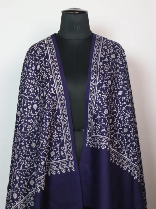 Ridwa Kashmiri Shawl With Sozni Work For Women in Toosha Wool | Navy Blue - Image 2