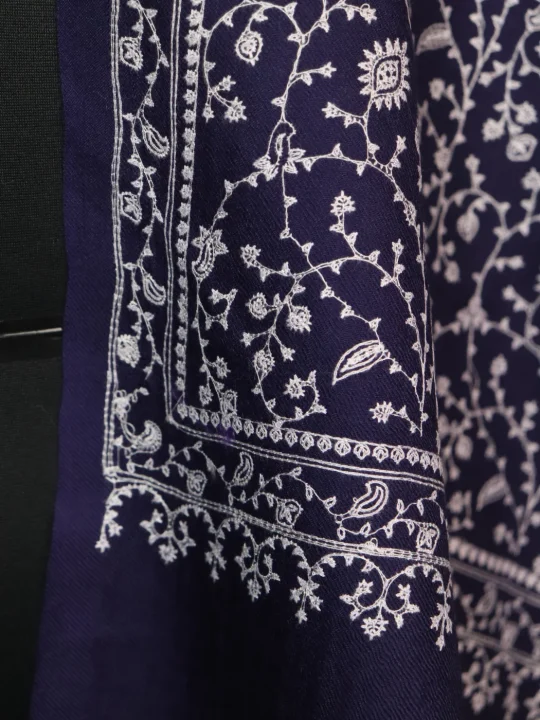 Ridwa Kashmiri Shawl With Sozni Work For Women in Toosha Wool | Navy Blue - Image 3