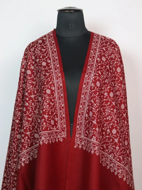 Kashmiri Shawl Ridwa With Sozni Work For Women in Toosha Wool | Maroon - Image 2