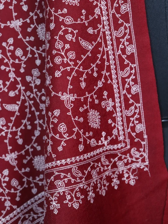 Kashmiri Shawl Ridwa With Sozni Work For Women in Toosha Wool | Maroon - Image 3