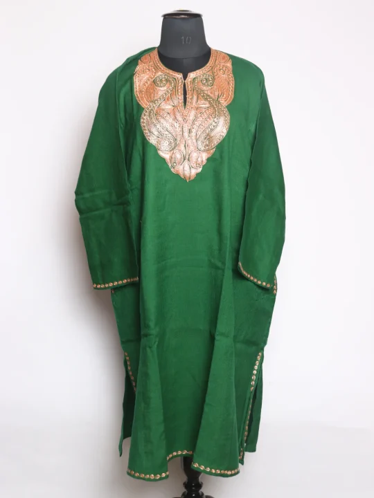 Rimsha Kashmiri Pheran In Raffal Wool With Botte Tilla Embroidery | Green