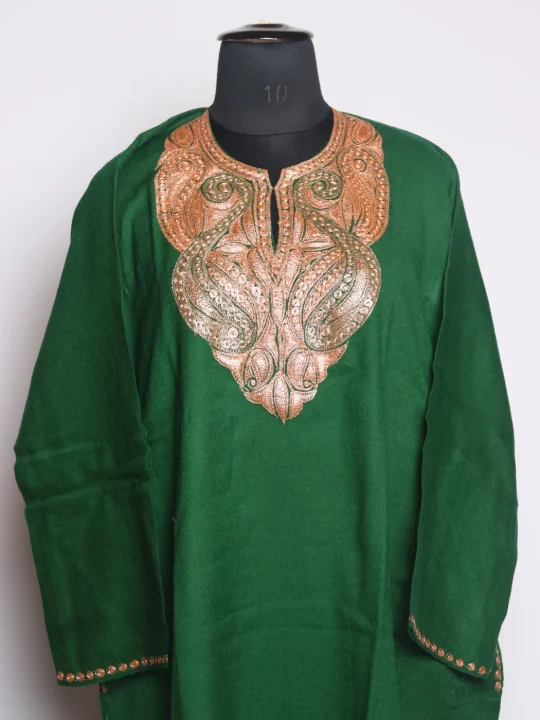 Rimsha Kashmiri Pheran In Raffal Wool With Botte Tilla Embroidery | Green - Image 2