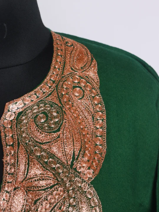 Rimsha Kashmiri Pheran In Raffal Wool With Botte Tilla Embroidery | Green - Image 3