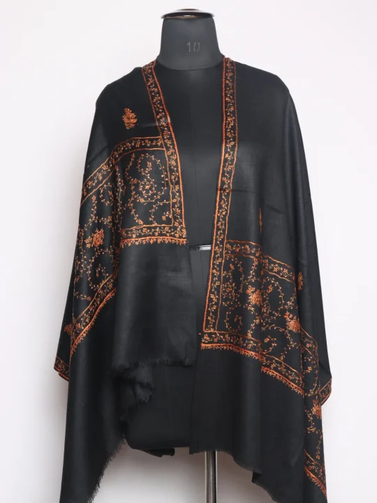 Roshanzeb Kashmiri Stole In Polywool With Hand Sozni Embroidery | Black