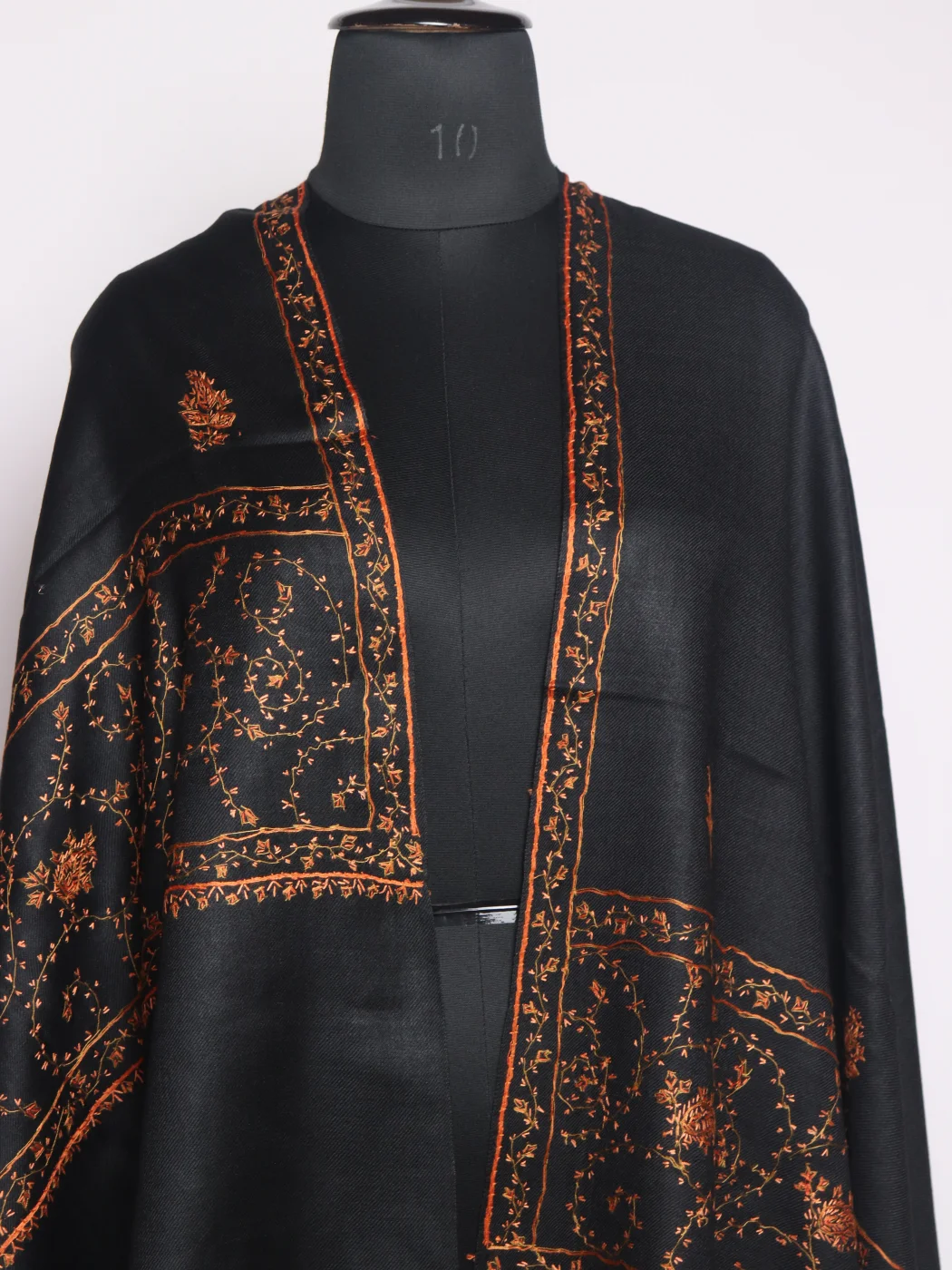 Roshanzeb Kashmiri Stole In Polywool With Hand Sozni Embroidery | Black - Image 2