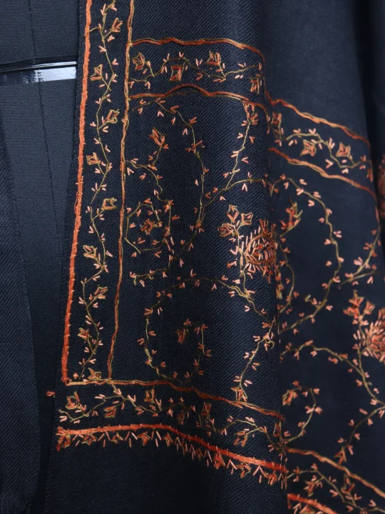 Roshanzeb Kashmiri Stole In Polywool With Hand Sozni Embroidery | Black - Image 3
