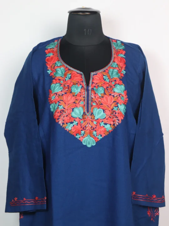 Royal Kashmiri Pheran In Blue Cashmilon wool With Aari Embroidery | Siyam - Image 2