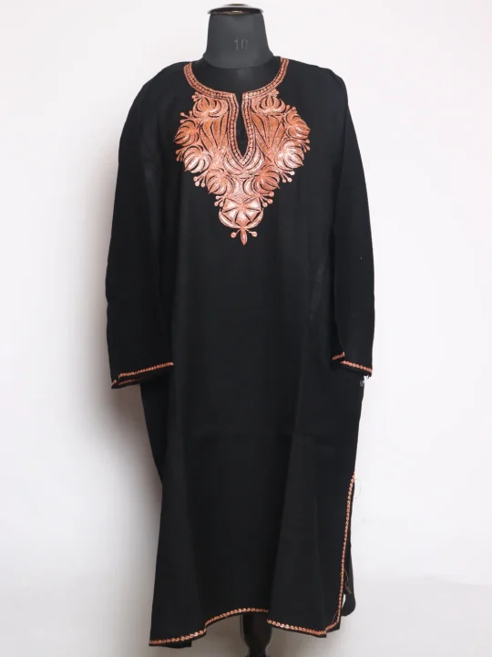 Rumana Kashmiri Pheran In Raffal Wool With Botte Tilla Embroidery | Black