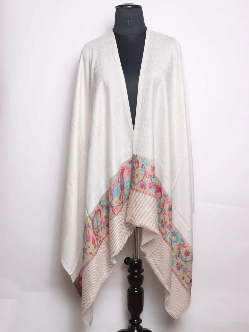 Rumana Kashmiri Stole In Fine Wool With Palla Kani Work | Off White
