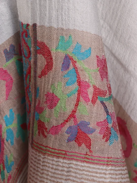 Rumana Kashmiri Stole In Fine Wool With Palla Kani Work | Off White - Image 3
