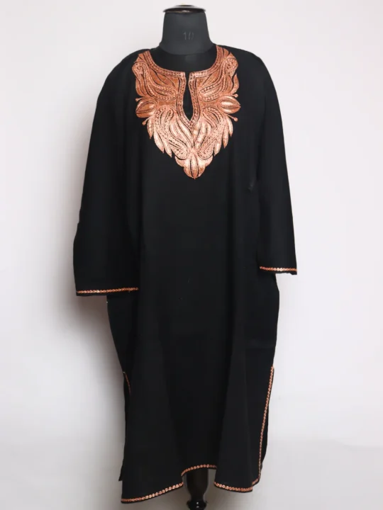 Ruqaiya Kashmiri Pheran In Raffal Wool With Botte Tilla Embroidery | Black
