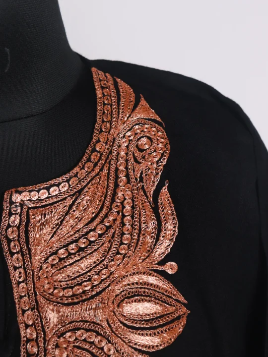 Ruqaiya Kashmiri Pheran In Raffal Wool With Botte Tilla Embroidery | Black - Image 3