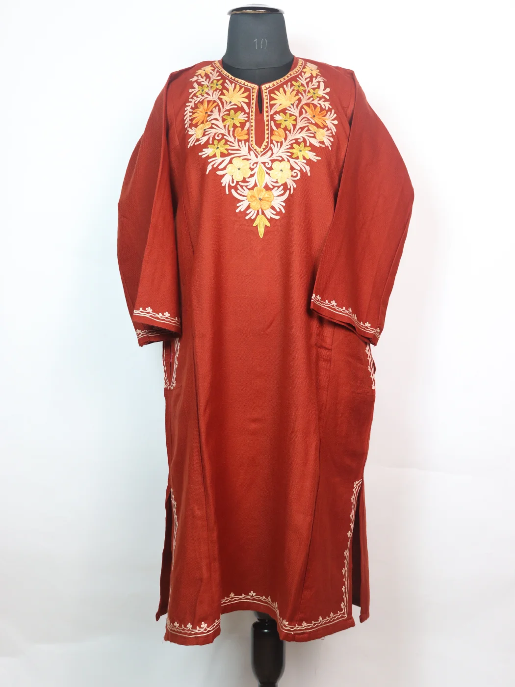 Kashmiri Pheran In Cashmilon wool With Aari Embroidery Sana | Rust