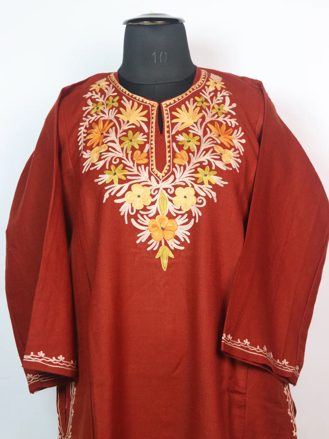 Kashmiri Pheran In Cashmilon wool With Aari Embroidery Sana | Rust - Image 2
