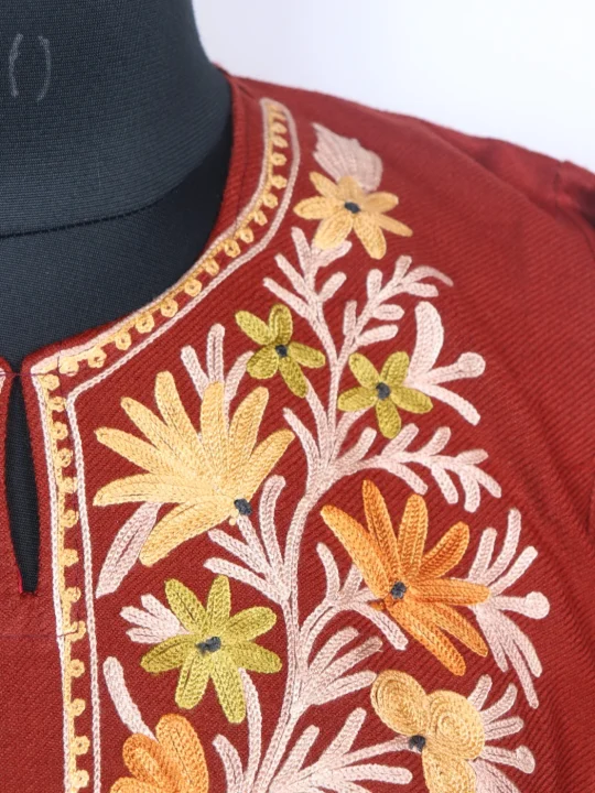 Kashmiri Pheran In Cashmilon wool With Aari Embroidery Sana | Rust - Image 3