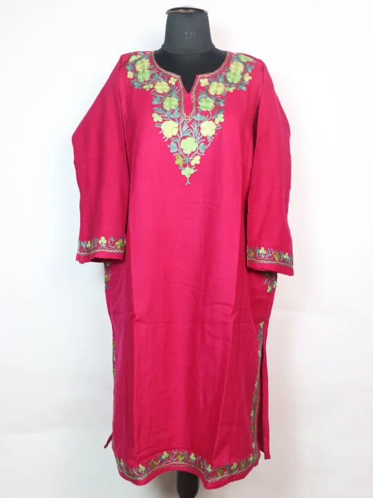 Insha Kashmiri Pheran In Cashmilon wool With Aari Embroidery | Pink