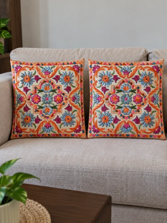 Sabiha Kashmiri Cushion Covers With Hand Chain-Stitch Work | Set of 2 | 16*16 Inches