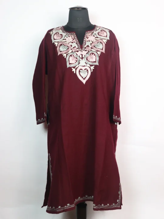 Sadia Kashmiri Pheran In Cashmilon wool With Aari Embroidery | Maroon