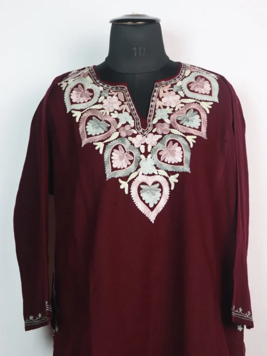 Sadia Kashmiri Pheran In Cashmilon wool With Aari Embroidery | Maroon - Image 2