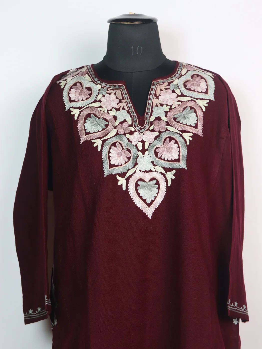 Sadia Kashmiri Pheran In Cashmilon wool With Aari Embroidery | Maroon - Image 2