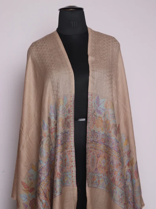 Sahira Kashmiri Kani Work Fine Wool Stole | Beige - Image 2