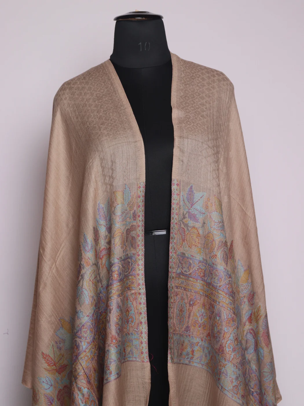 Sahira Kashmiri Kani Work Fine Wool Stole | Beige - Image 2