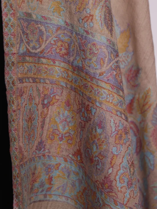 Sahira Kashmiri Kani Work Fine Wool Stole | Beige - Image 3