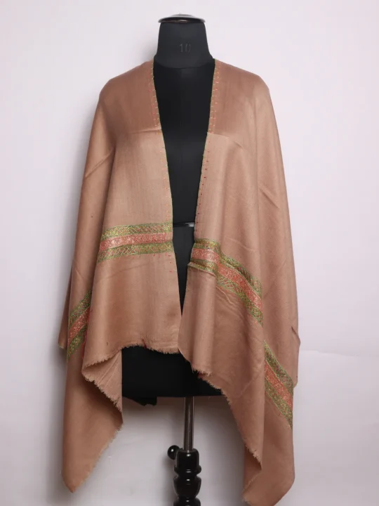 Sakina Kashmiri Stole In Polywool With Hand Sozni And Tilla Work | Camel Brown
