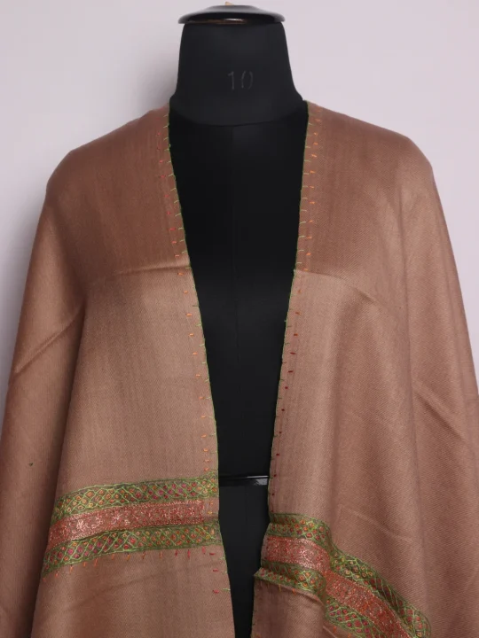 Sakina Kashmiri Stole In Polywool With Hand Sozni And Tilla Work | Camel Brown - Image 2