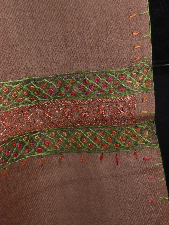Sakina Kashmiri Stole In Polywool With Hand Sozni And Tilla Work | Camel Brown - Image 3