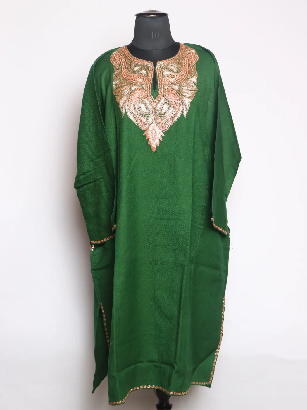 Samaira Kashmiri Pheran In Raffal Wool With Botte Tilla Embroidery | Green