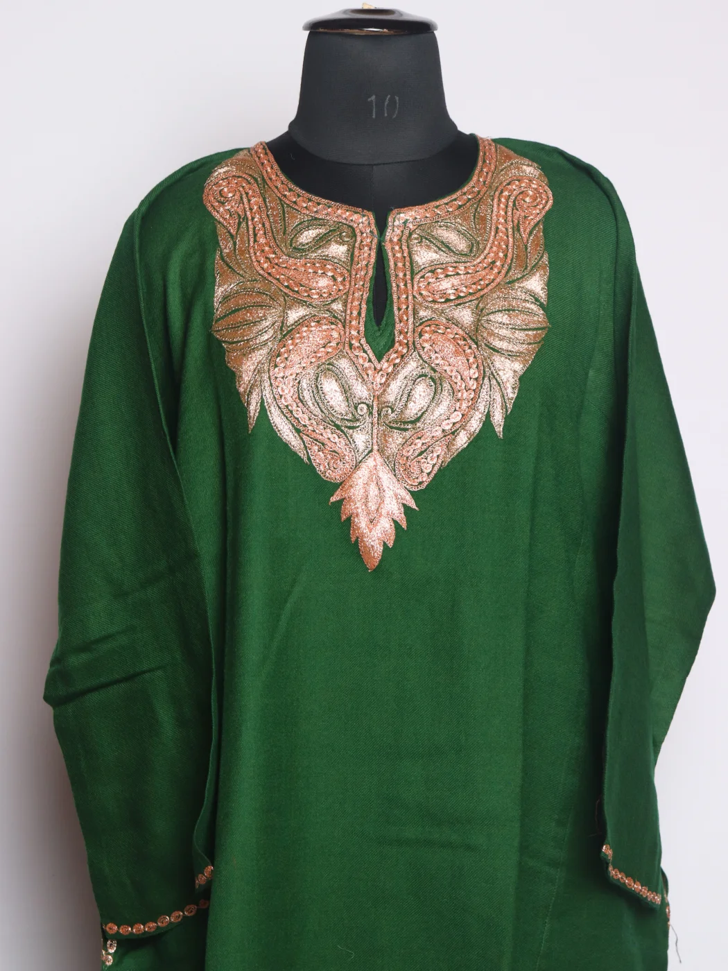 Samaira Kashmiri Pheran In Raffal Wool With Botte Tilla Embroidery | Green - Image 2