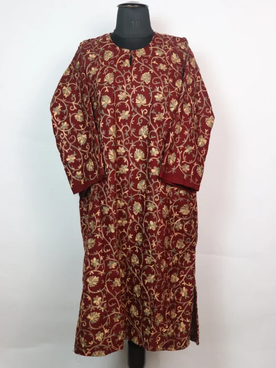 MaroonKashmiri Pheran In Cashmilon Wool With All Over Aari Work | Gauher