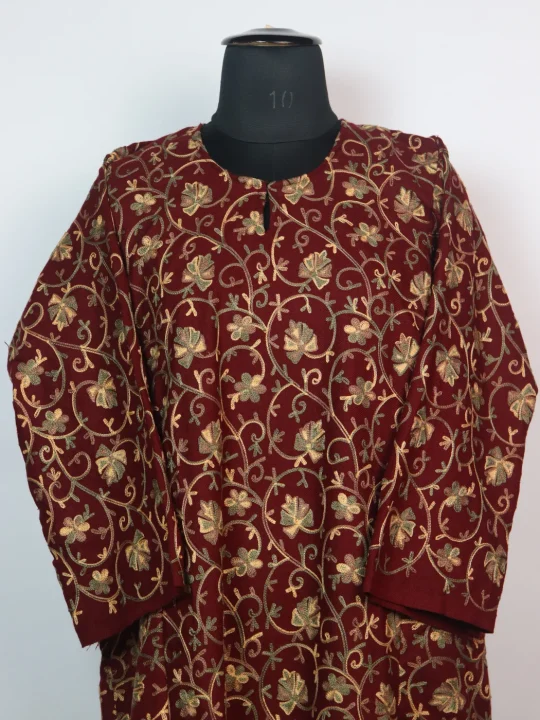 Maroon Kashmiri Pheran In Cashmilon Wool With All Over Aari Work | Gauhar - Image 2