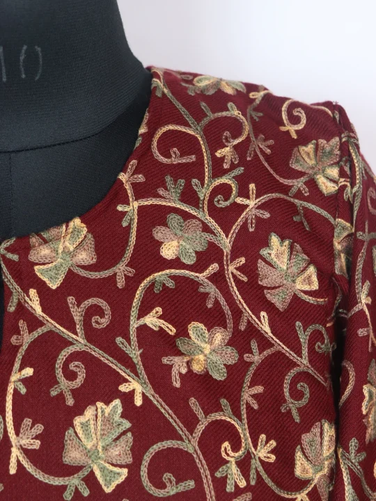 Maroon Kashmiri Pheran In Cashmilon Wool With All Over Aari Work | Gauhar - Image 3