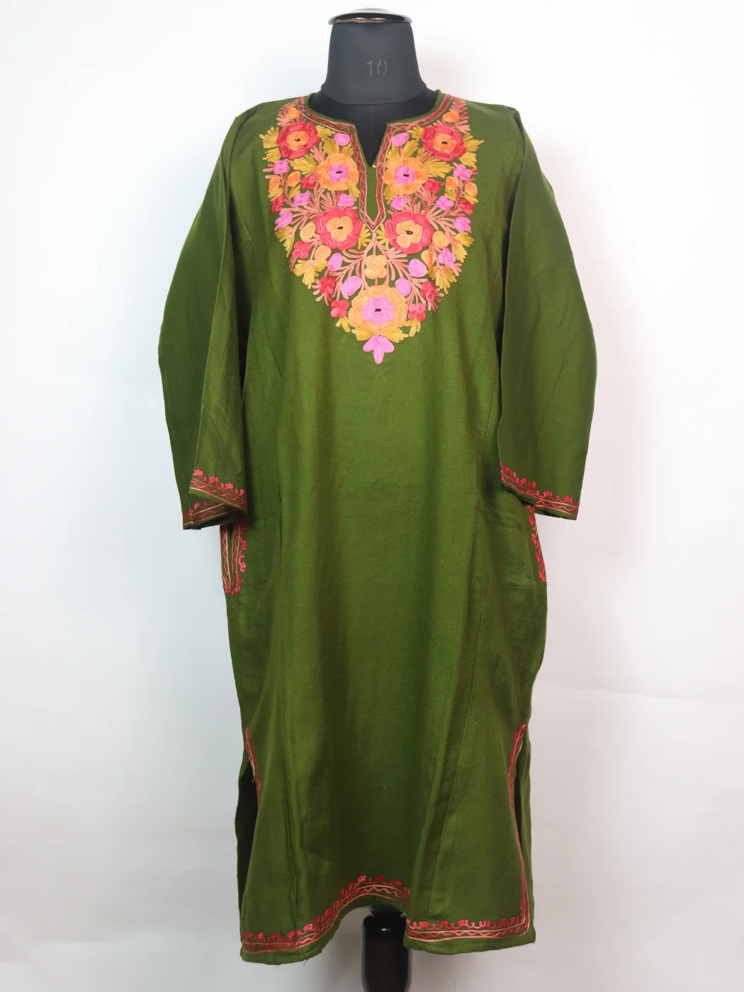 Sana Kashmiri Pheran In Cashmilon wool With Aari Embroidery | Olive Green