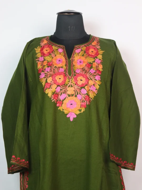 Sana Kashmiri Pheran In Cashmilon wool With Aari Embroidery | Olive Green - Image 2