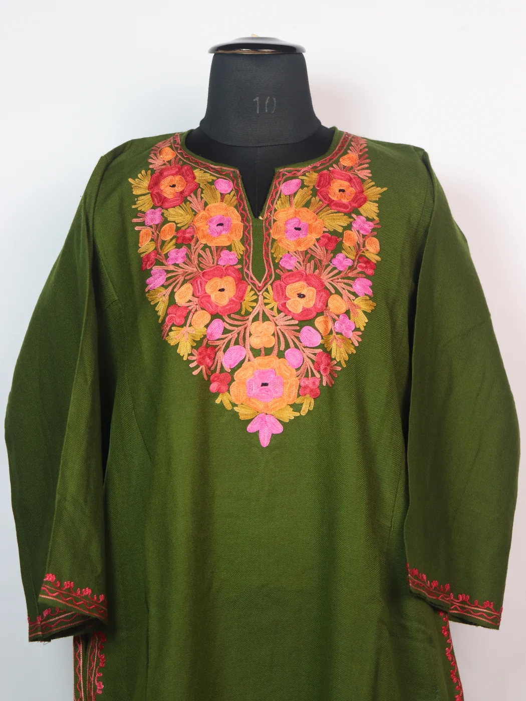 Sana Kashmiri Pheran In Cashmilon wool With Aari Embroidery | Olive Green - Image 2