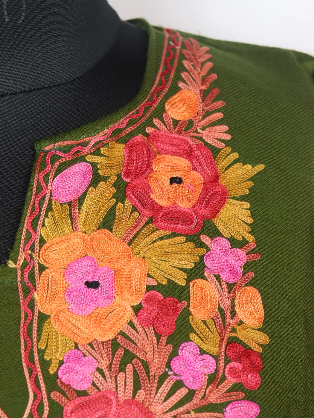 Sana Kashmiri Pheran In Cashmilon wool With Aari Embroidery | Olive Green - Image 3