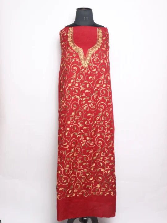 Sehar Kashmiri Suit in Crush Cotton with Badam All over Jaal Aari Work | Red
