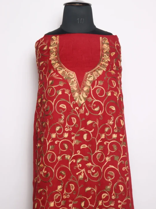 Sehar Kashmiri Suit in Crush Cotton with Badam All over Jaal Aari Work | Red - Image 2