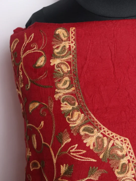 Sehar Kashmiri Suit in Crush Cotton with Badam All over Jaal Aari Work | Red - Image 3