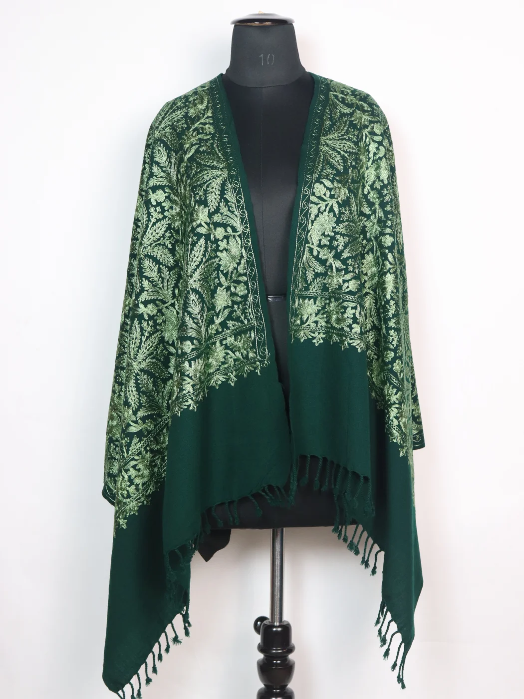 Meesha Shawl in Dark Green Cashmilon with Aari Work